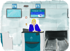 Femme suspicieuse au comptoir du check in de l'aéroport