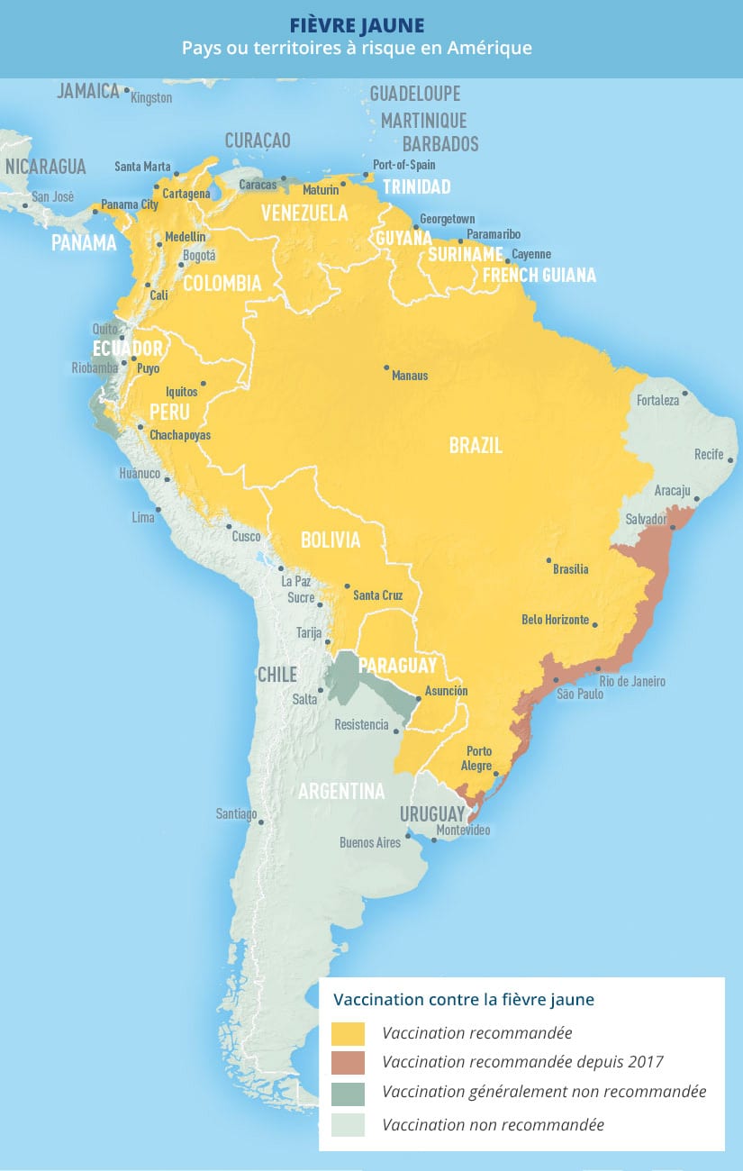 Carte des recommandations de vaccination contre la fièvre jaune en Amérique
